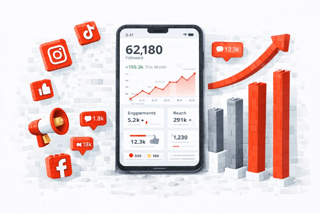 Social media analytics dashboard with follower and engagement growth metrics