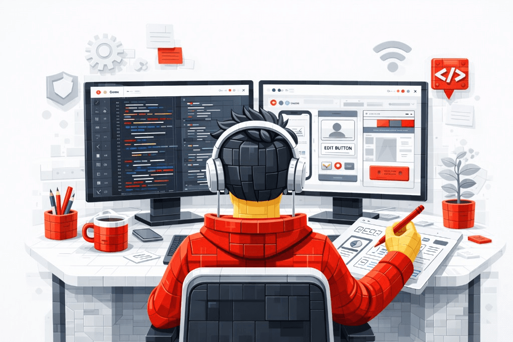 Web platform and mobile app developer workspace with dual-screen implementation
