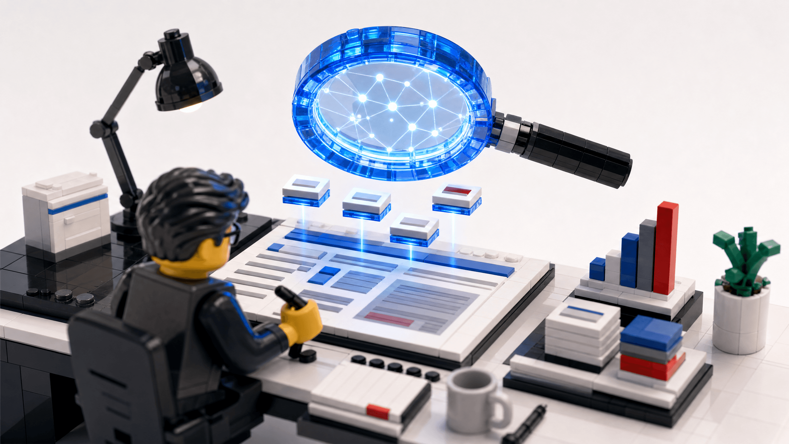 Marketing professional analyzing website data with a glowing AI magnifying glass in a premium toy brick diorama.