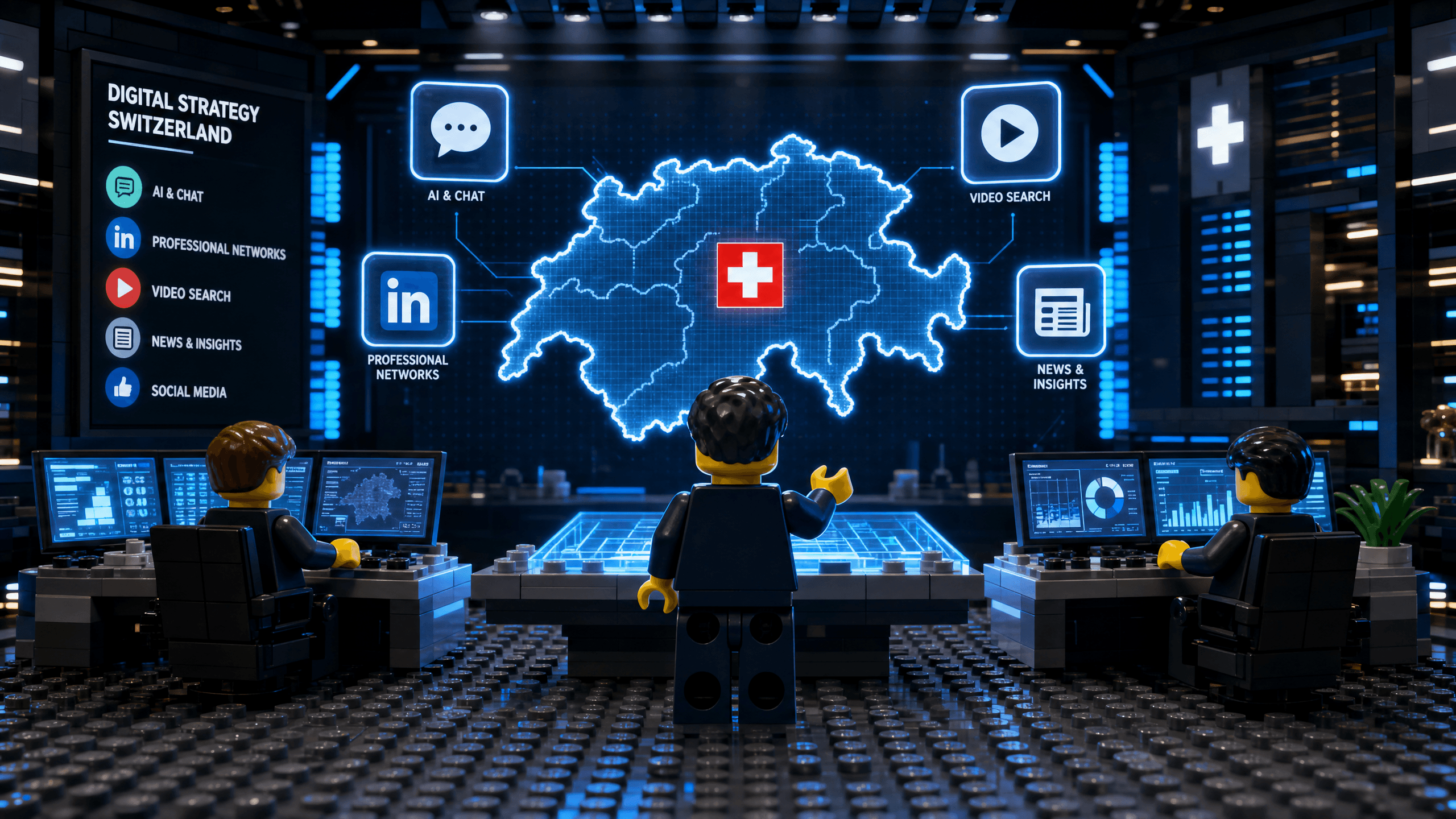 A premium LEGO-inspired diorama showing a digital strategist managing a multi-platform search visibility map for a Swiss business.